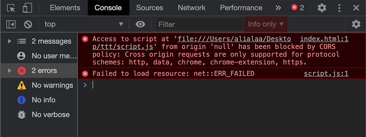 Image showing a cross origin request error in google chrome's console